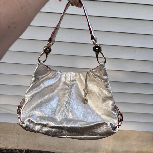 Dooney & Bourke Shoulder Bag Womens Silver Metallic Leather‎ Hobo Red Trim Purse - Picture 3 of 8